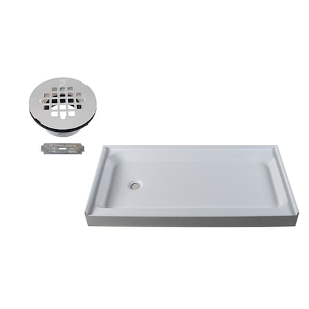 Westbrass Shower Pan 60 x 34 3-Wall W/ Left Hand Plastic  Drain W/ Modern Cross Grid in Powder Coat White HPG6034LWHP-50